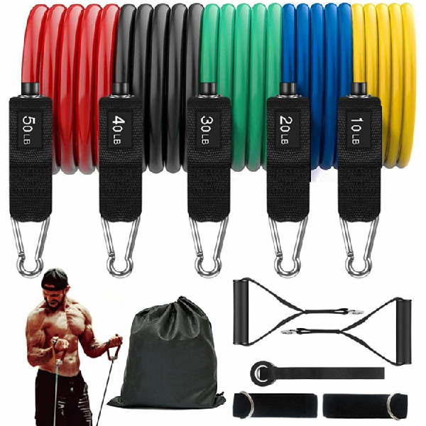 Fitness Set 5 Workout Bands, Training Tubes with Handles, Ankle Straps, Door Anchor Attachment, Bag
